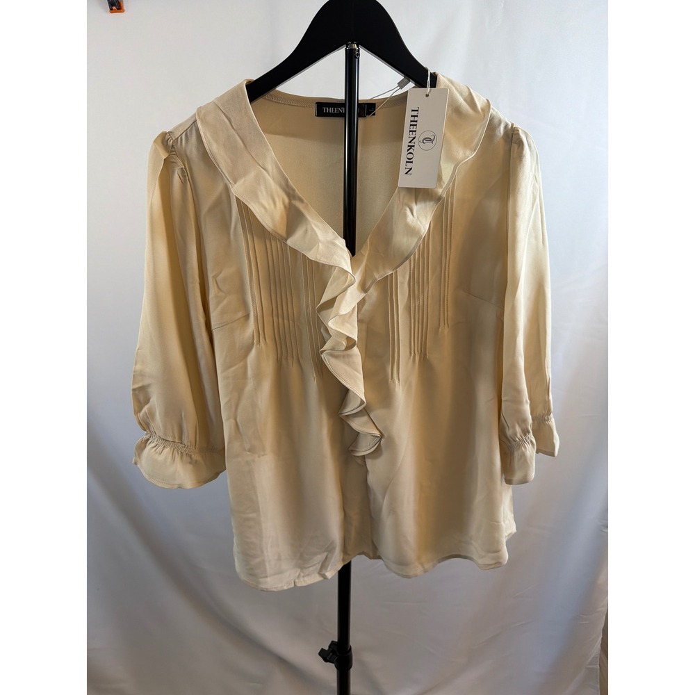 THEENKOLN Cream Ruffle V-Neck Blouse Pintuck Pleated 3/4 Sleeve Top NWT Large